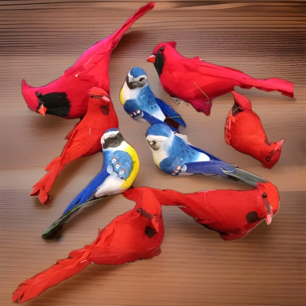 9 PC Cardinals & Blue Jays Birds Christmas Ornaments Crafts Realistic Decoration